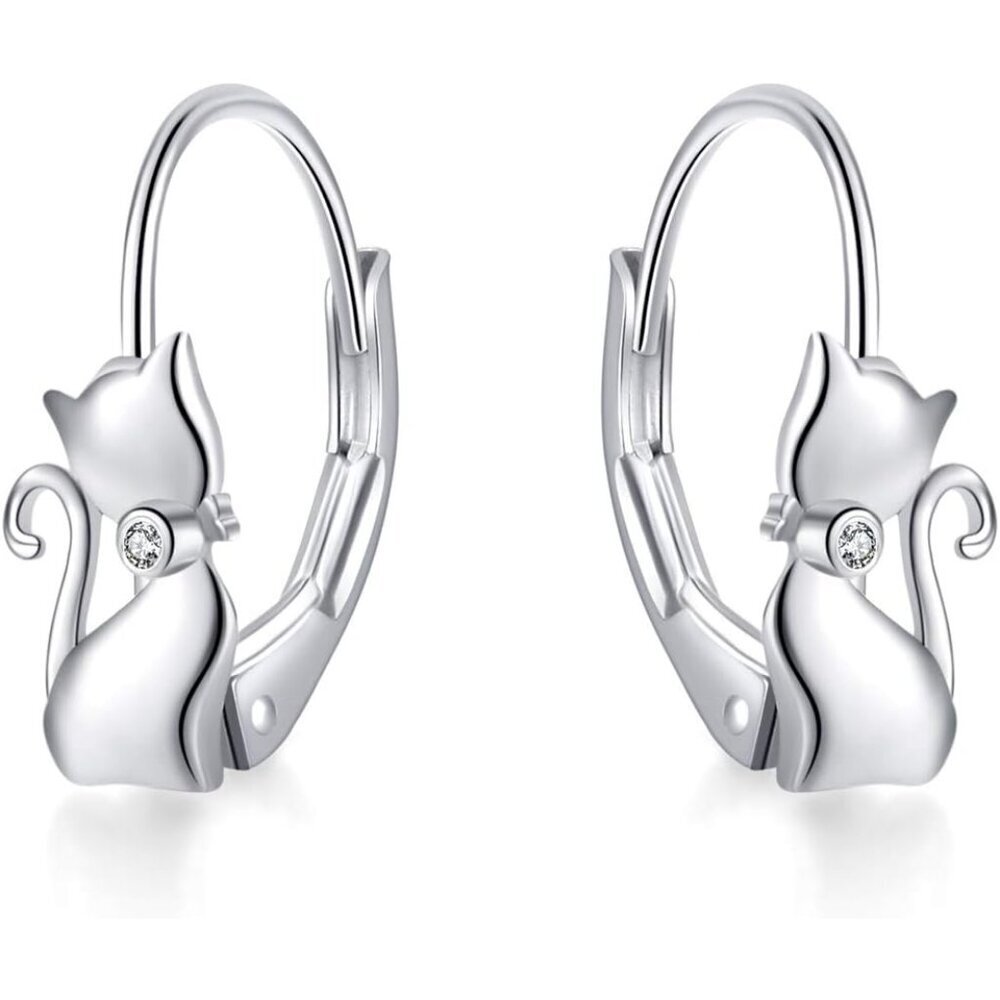 Sterling Silver Cat Dangle Earrings for Women - Cute Small Animal Jewelry Gift
